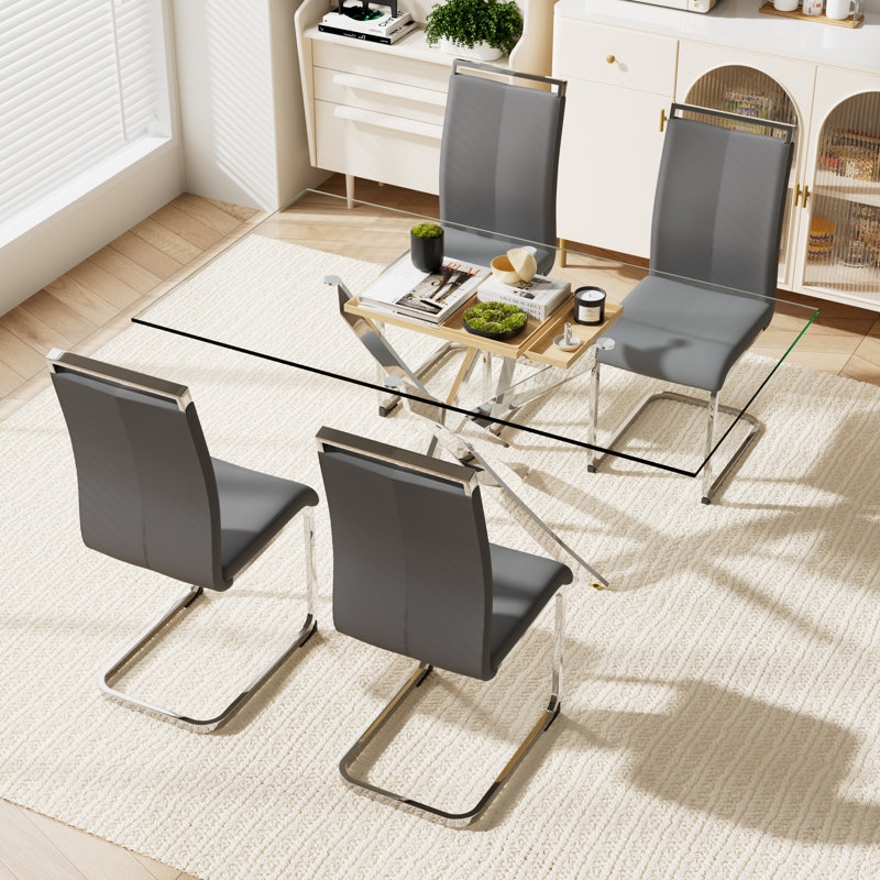 5 pièces, table rectangulaire en verre trempé 63 po avec 4 chaises rembourrées en polyuréthane, Gris foncé / argenté