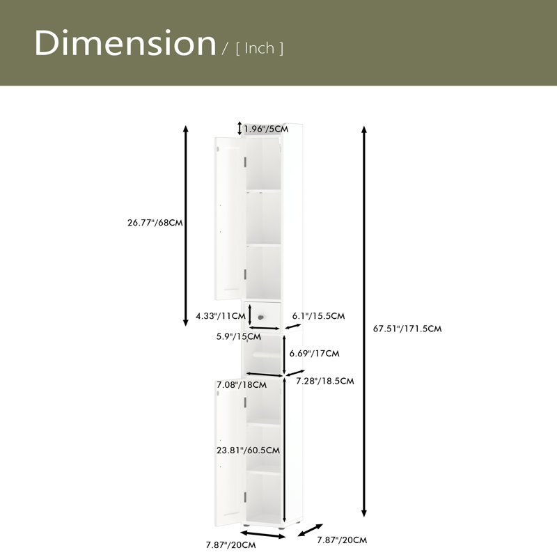 Armoire de rangement pour salle de bain de 67,51 po de hauteur avec tablettes réglables, armoire autoportante mince à 2 portes avec anti-basculement et compartiments ouverts