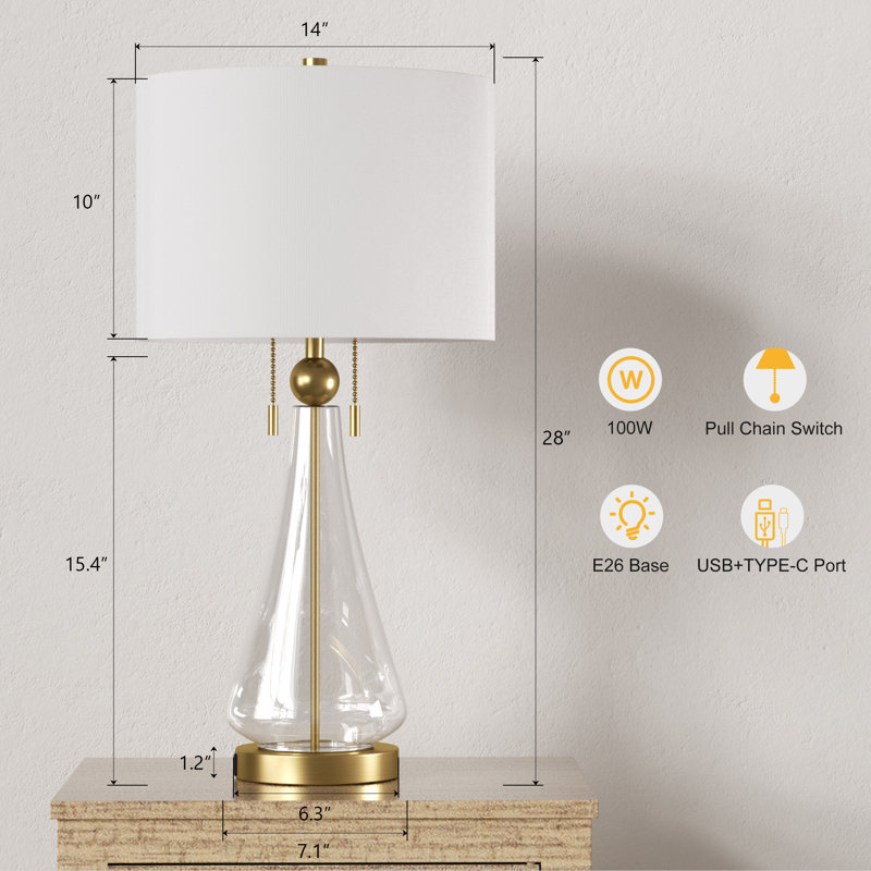  Aadyn 28" Modern Glam Glass Table Lamp USB Charging Pull Chain Soft Lighting for Bedroom Living Room, Gold