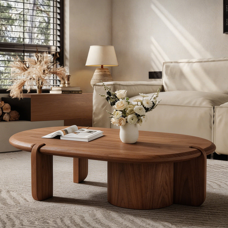 Table basse 48 "ovale en noyer, table centrale stable en bois massif pour le bureau personnel du salon