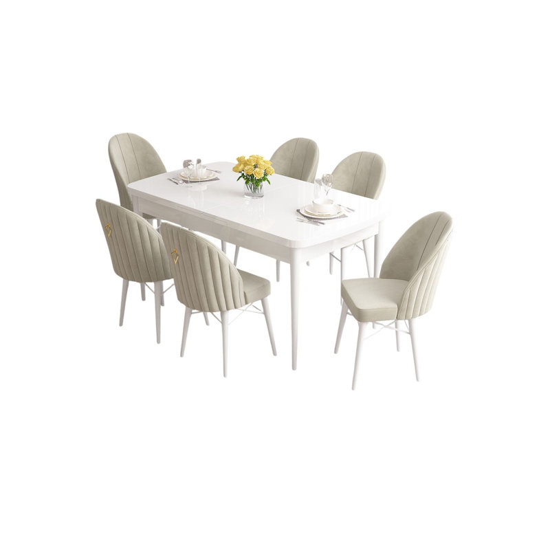 Ensemble de table et chaises de salle à manger moderne extensible (7 pièces), blanc et crème, 51,2 po x 30,7 po x 31,5 po | 100% panneau de fibres à densité moyenne avec pieds en bois et structure de chaise en métal | Coussins en mousse confortables, parfaits pour les réunions de famille