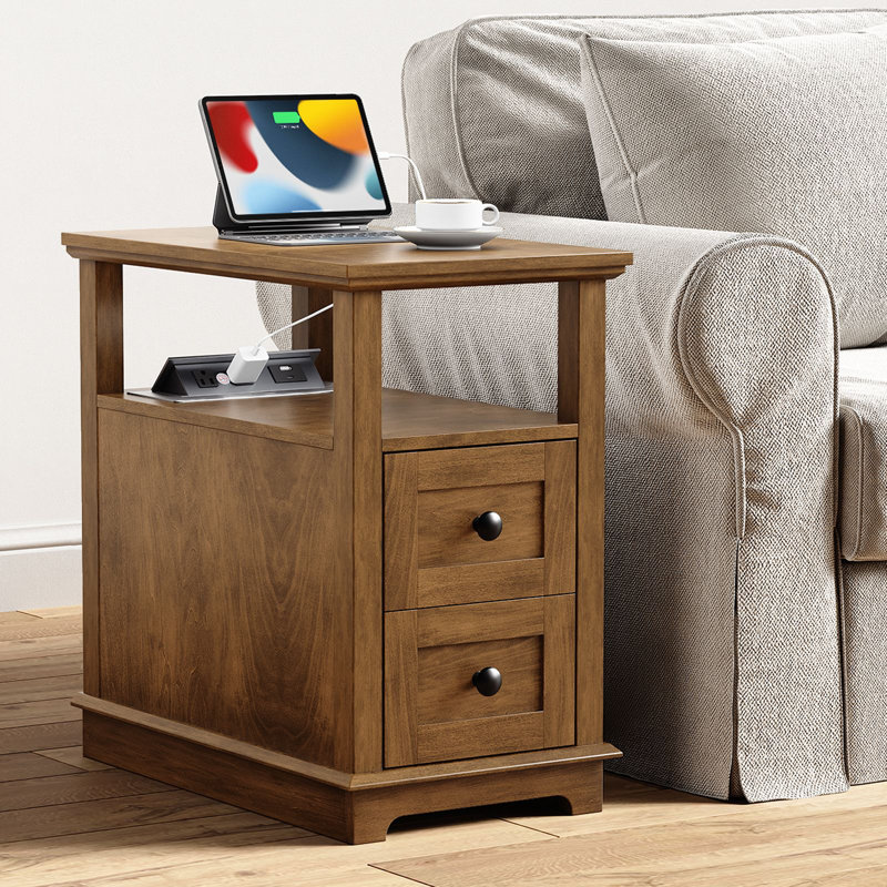 2 Drawers End Tables with Storage and Fast Charging Station for Living Room, Honey Brown, 1 unit