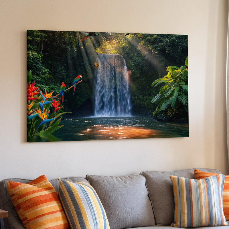 Toile Une scène de jungle vibrante remplie de verdure luxuriante et d'art mural exotique avec une cascade qui se jette dans une toile