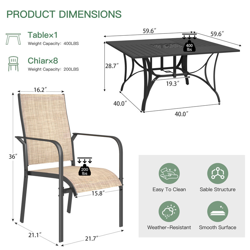9 Piece Patio Dining Set, Outdoor Dining Table And Chairs Set For 8, 8 PVC-coated polyester Chairs, 1 Iron Square Table With Adjustable Umbrella Hole (1.57"-1.97"), Patio Furniture Set For Deck, Backyard, Lawn, Poolside