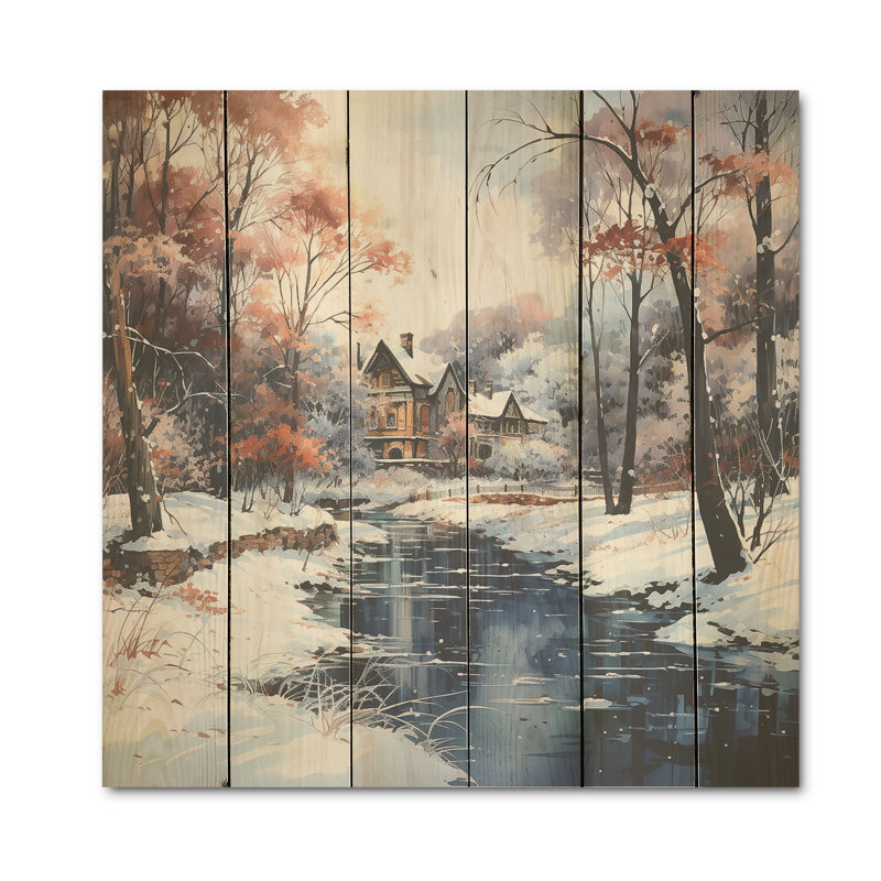 Cabine de rivière, charme de forêt en hiver - forêt de rivière, art sur bois de pin naturel, H 36 po x l 36 po