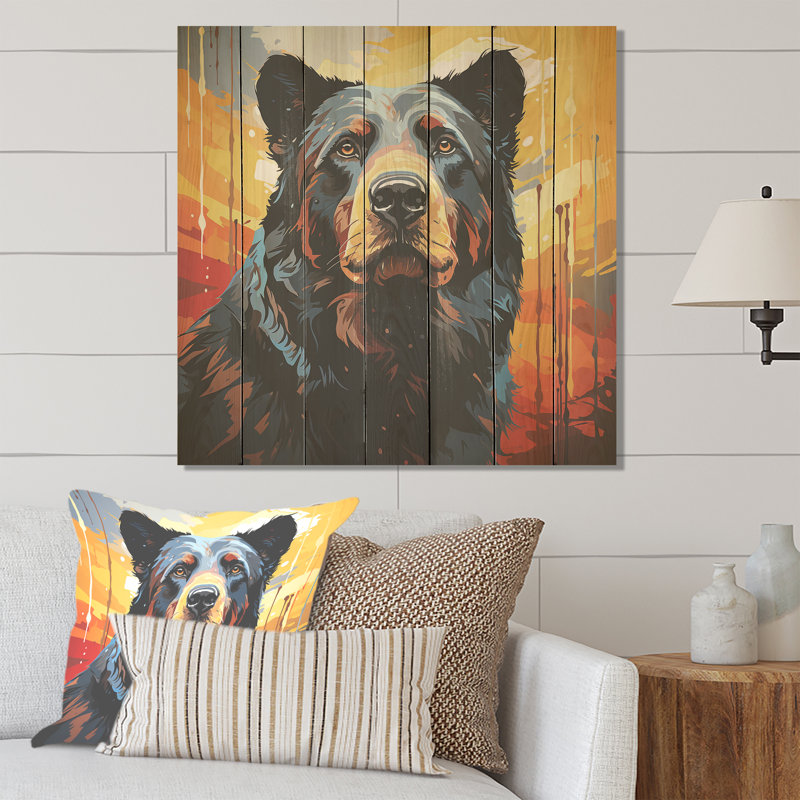 Illustration abstraite d'ours coloré II - Ours sur bois, H 15 po x l 15 po