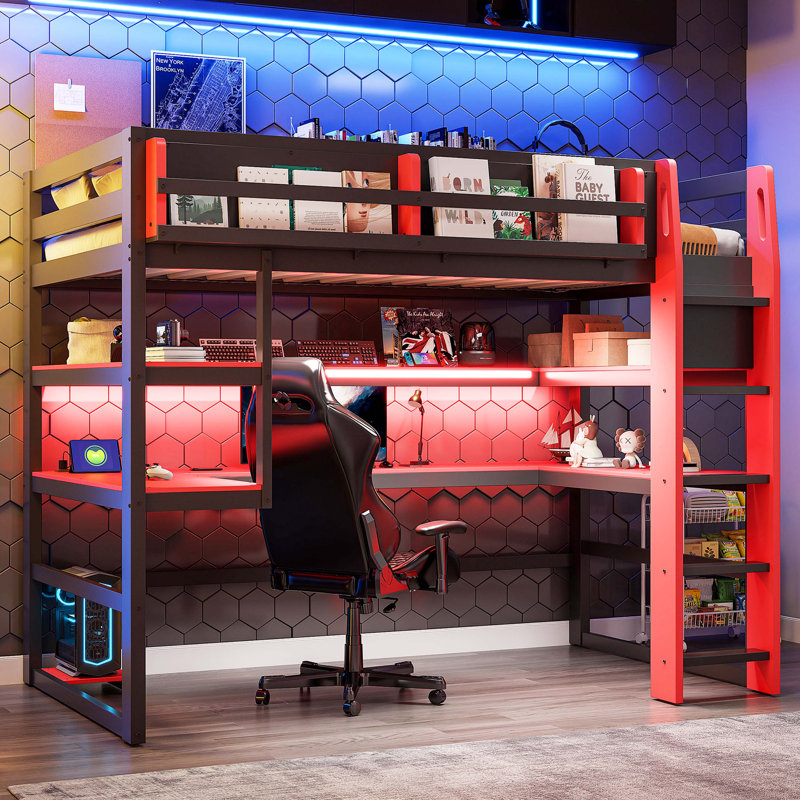 Lit mezzanine simple en bois avec bureau, support de rangement latéral, plusieurs tablettes de rangement et lumière RVB, rouge