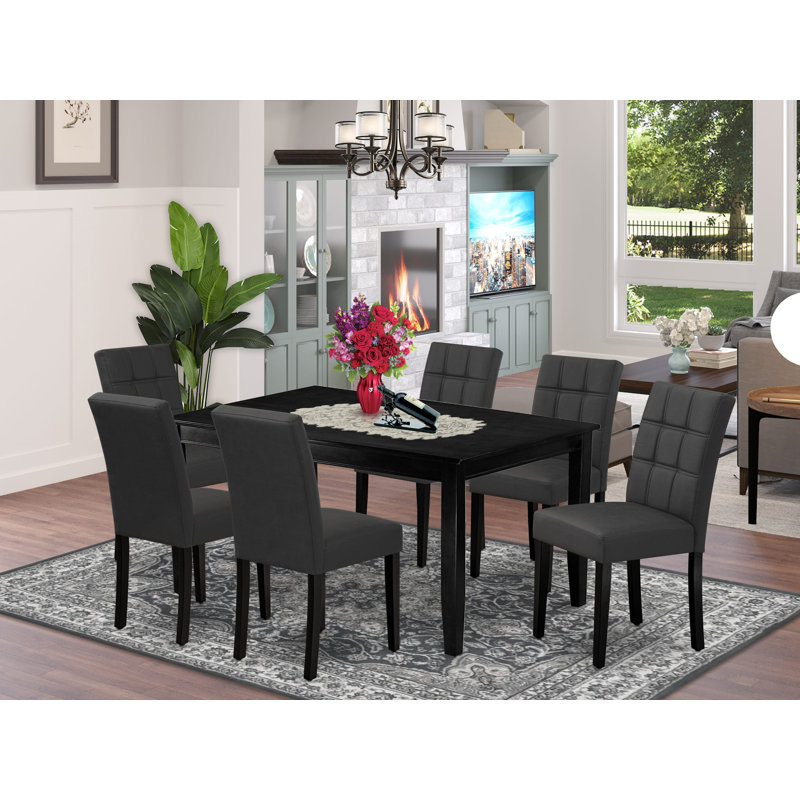 Ensemble de table de salle à manger 7 pièces comprenant une table de cuisine et 6 chaises en bois de polyester gris foncé avec dossier élégant - finition noire