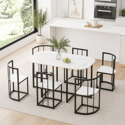 Modern 7-Piece Dining Table Set with Faux Marble Compact 55Inch Kitchen Table Set for 6