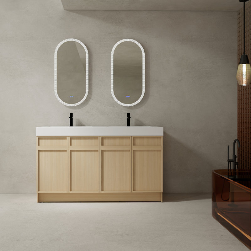 60" Bathroom Vanity With Double Resin Sink & Soft-Close Door Dresser - Modern Essentials Plywood Base 4 Doors Cabinet, 60"