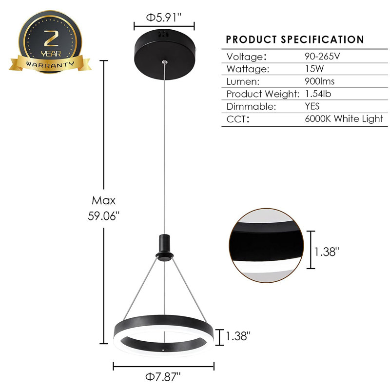 Kamiryn 1 - Light 7.87''L/Black/hanging Wire Retractable(dimmable) LED Single Pendant