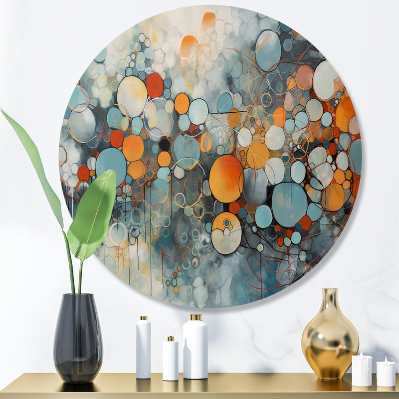 Illusions géométriques orange et bleues - Art mural rond abstrait géométrique sur métal, H 29 po x l 29 po x P 1 po