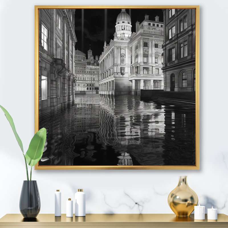 3D Cityscape London Architecture I - reproduction sur toile, H 16 po x l 16 po x P 1 po, Cadre flottant doré