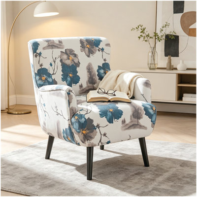 Fauteuil moderne, fauteuil club rembourré avec accoudoirs ronds et dossier serré, pieds en bois d'hévéa pour le salon et la chambre à coucher, blanc et bleu