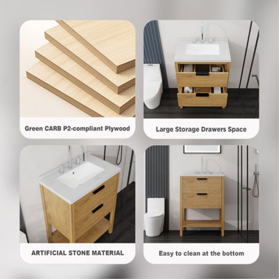 Meuble-lavabo autoportant de 61 cm avec lavabo, tiroir à fermeture amortie, comptoir et dosseret en marbre synthétique blanc de Carrare de 5 cm, contreplaqué