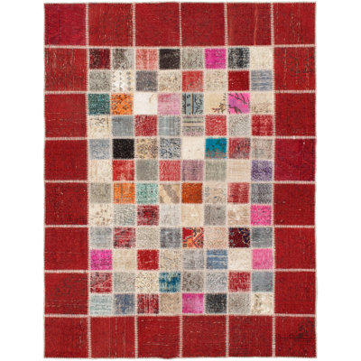 Tapis unique en laine noué à la main style patchwork des années 2010 de 5 pi 9 po x 7 pi 7 po rouge / ivoire Aranxa