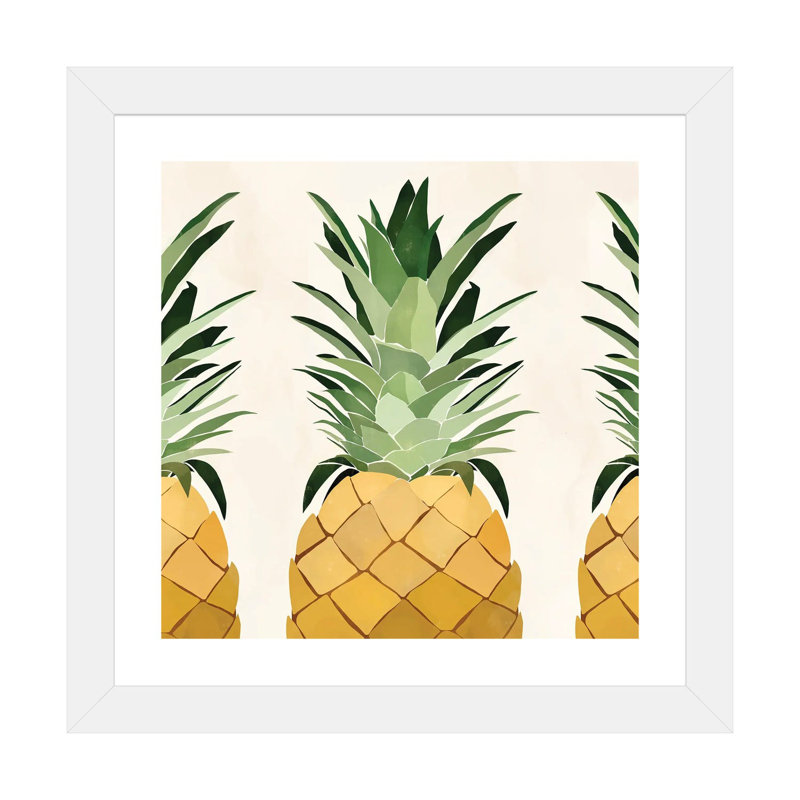 Reproduction d’art graphique, "Pineapple trio" par Bria Nicole, Papier encadré blanc, Blanc, H 16 po x l 16 po x p 1 po