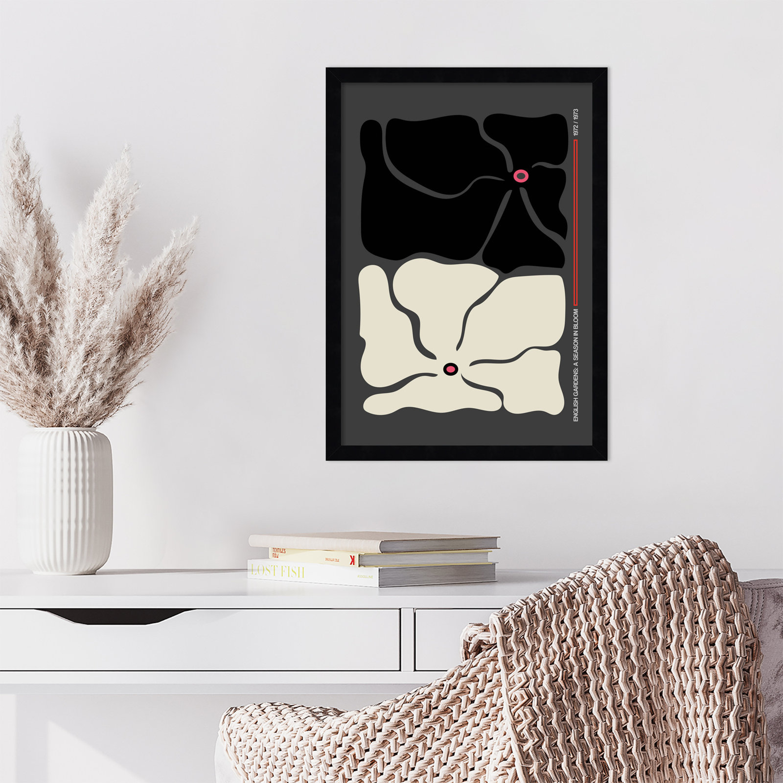 Two by Two Flower Grey Print, Black, 21" H x 15" W x 1" D