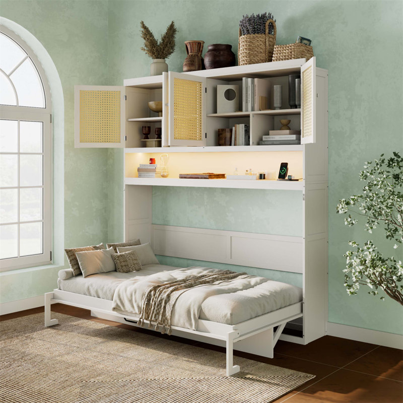 Lit escamotable peu encombrant avec armoire supérieure, éclairage à DEL intégré, ports de charge USB et conception grand format pliable pour les pièces multifonctionnelles.