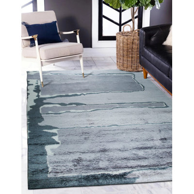 Gray Hand-Knotted Wool Layered Horizon Abstract Modern Contemporary Carpet Rug