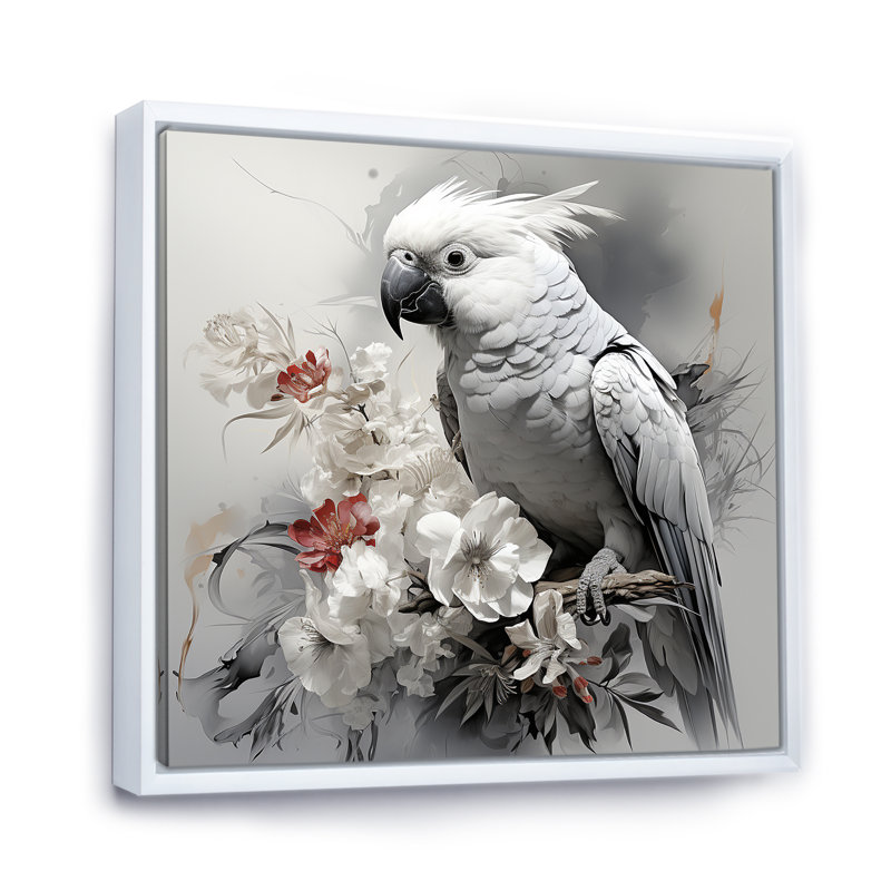 Gris gris perroquet tropical II - art mural perroquet, Cadre flottant blanc, H 16 po x l 16 po x P 1 po