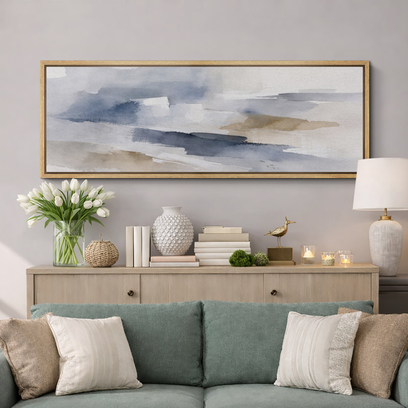 «Blue Gray Abstract Horizon», impression de chambre à coucher minimaliste, impression sur toile encadrée, Cadre naturel