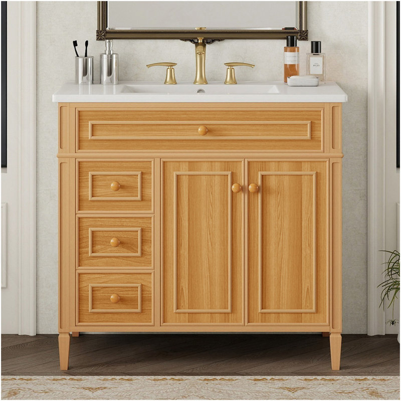 36" Bathroom Vanity With Sink, Wood Vanity Cabinet With Flip-Out Drawer, 3 Drawers, 2 Soft-Close Doors,  Wood & MDF, Elegant Rubber Wood Handles
