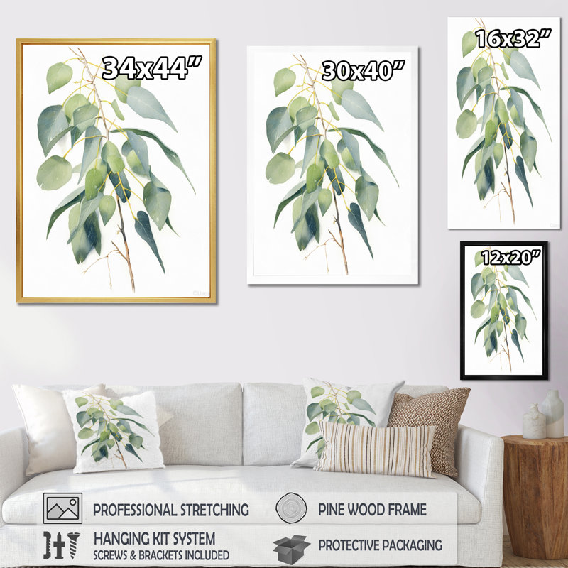 Vert, blanc, minimalisme, eucalyptus Essence I, Cadre simple blanc, H 40 po x l 30 po x P 1 po