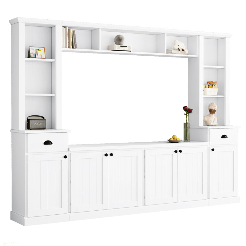 Console multimédia avec pont réglable pour téléviseur de 75 po, blanc et espace de rangement moderne, White