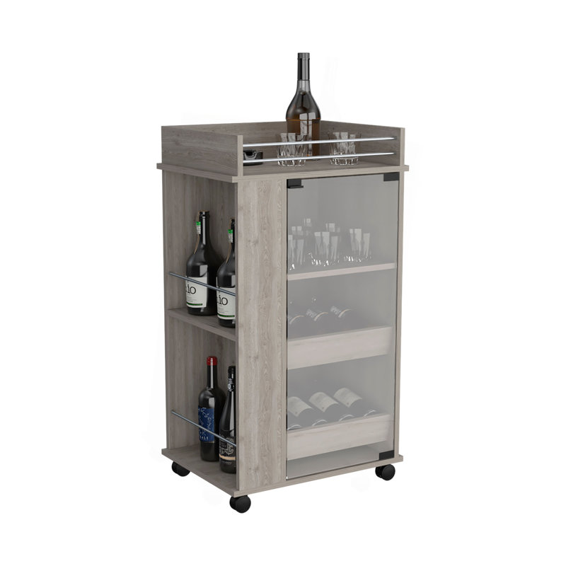 Bar Cart With Glass Door, 2-Side Shelves And Casters, Gray