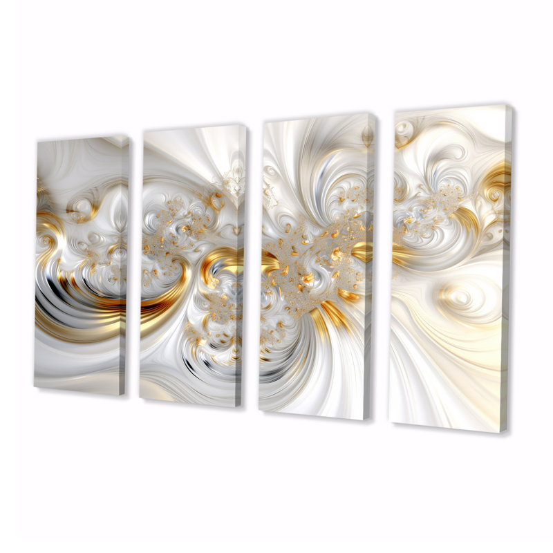 «Whirling River Dynamics Gold and White II - Abstract Spirals», art mural pour le salon, 4 pièces, H 32 po x l 64 po