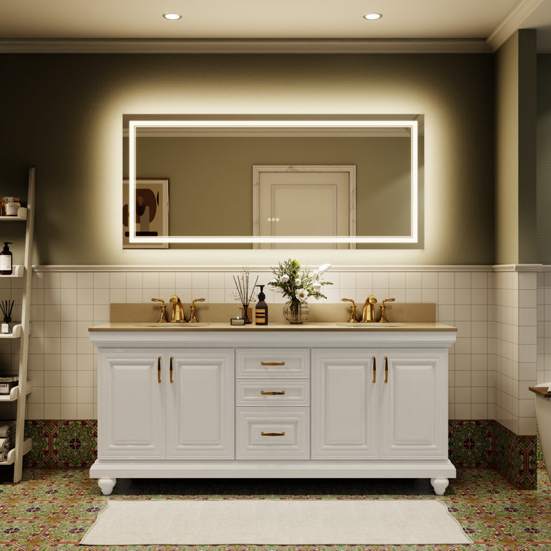 Aolaith Wall Mounted Rectangular Frameless Anti Fog LED Light Bathroom Mirror,Dimmable Vanity Mirror, 32" x 72"