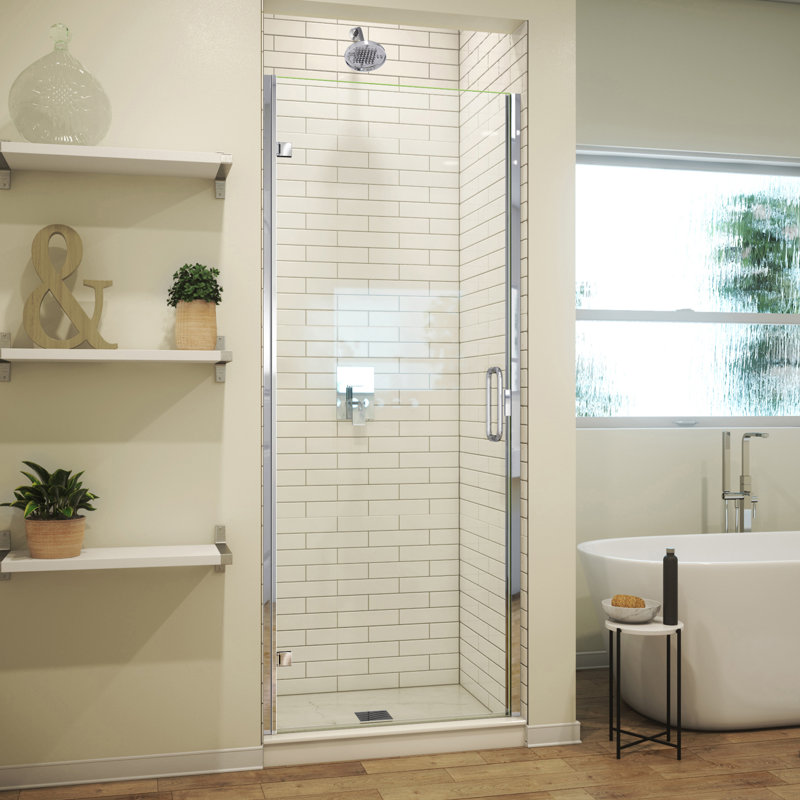 MP 26'' - 26.94'' W x 66.62'' H Hinged Semi-Frameless Shower Door with Clear Glass, Polished Chrome