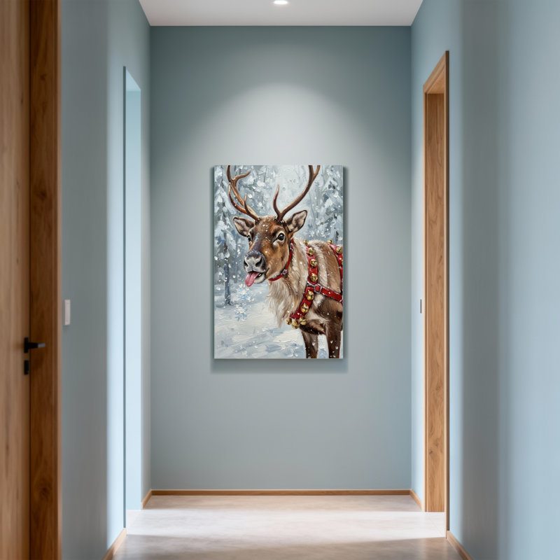 Animaux, renne dans la neige en hiver avec des clochettes, H 30 po x l 20 po