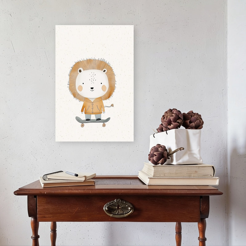 Skateboarding Lion Playful Whimsical Contemporary Lion Wall Art Print 1 Piece Wrapped Canvas Wall Art, 60.96cm H x 40.64cm W