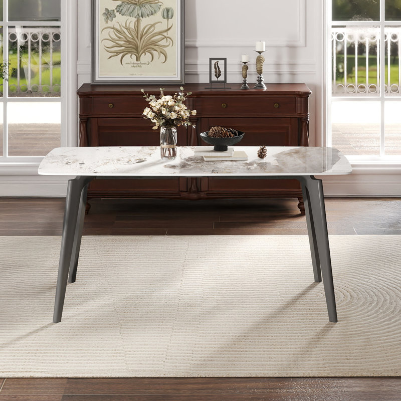 62.99" Modern Artificial Stone White Pandora Curved Edge Dark Grey Metal Leg Dining Table-Can Accommodate 6 People(Dining Table Only)
