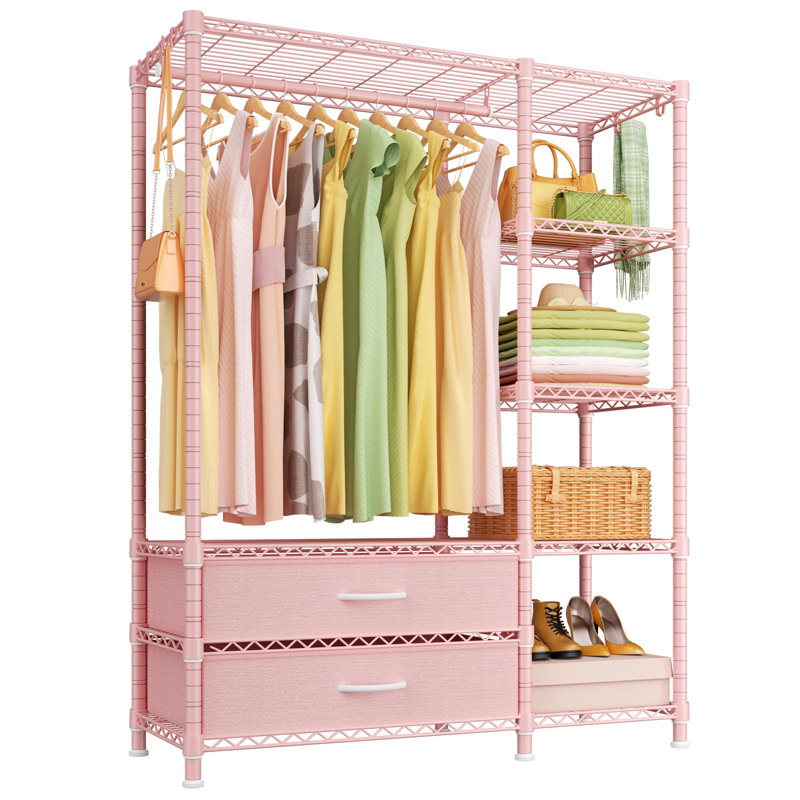 Pink Carbon Steel Portable Clothes Rack with Fabric Drawers