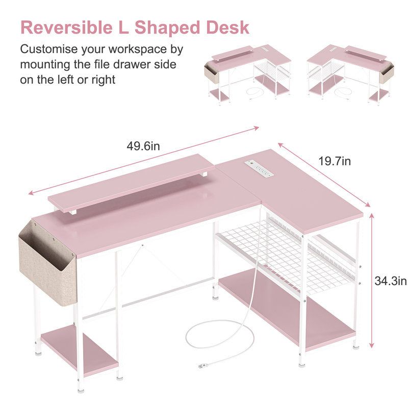 Bureau d'ordinateur en L avec rangement et prise de courant, Rose/Blanc