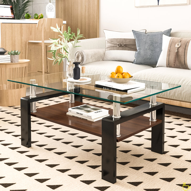 Rectangle Coffee Table, Tempered Glass Tabletop With MDF Layer, Clear Top/Brown Black Base