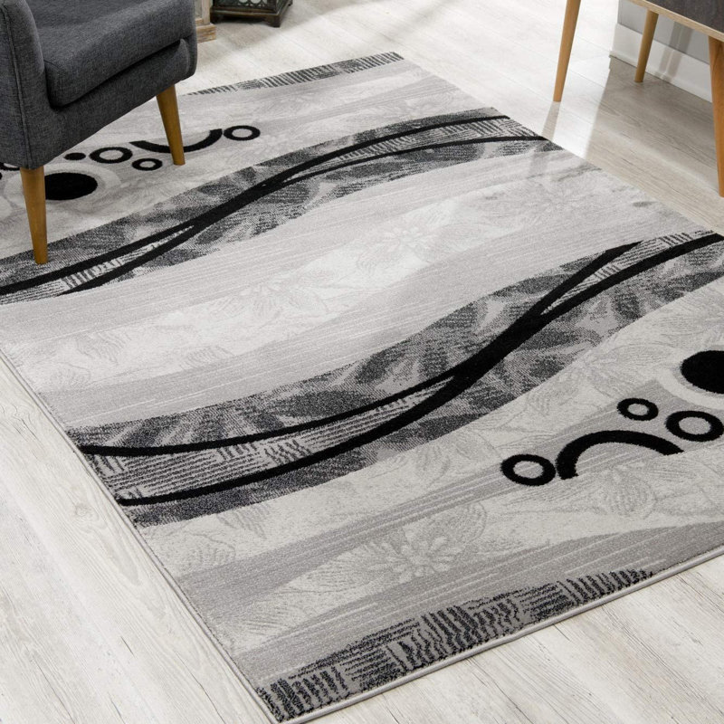 Tapis gris et noir à vagues abstraites, Tapis de couloir 2 pi x 10 pi