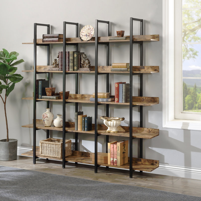 Bibliothèque à 5 niveaux avec bureau ouvert, tablette de style industriel rétro avec structure en métal, Brun