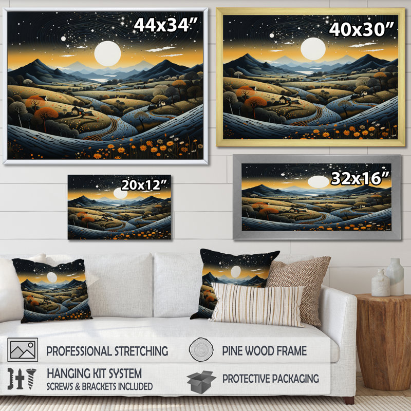 Bleu et or, paysage africain moderne V - art mural moderne sur toile, H 30 po x l 40 po x P 1,5 po, Cadre flottant blanc