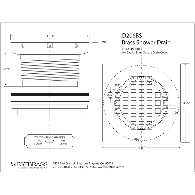 4-1/4" Square Grate Shower Drain Cover with 2" Brass Drain Pipe, Oil Rubbed Bronze
