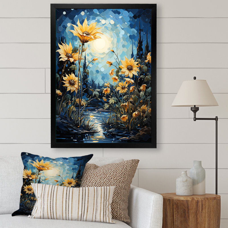 Expressionniste énergie tournesols sur toile, H 32 po x l 16 po x P 1 po, Cadre photo noir