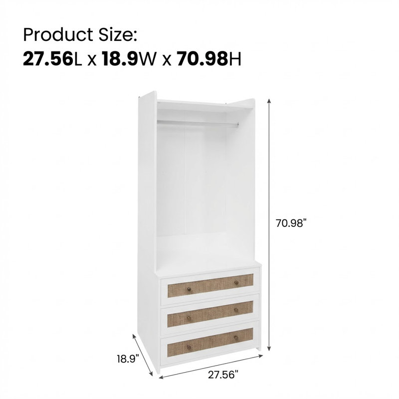 Modern Rattan-Accent Wardrobe with Three Drawers