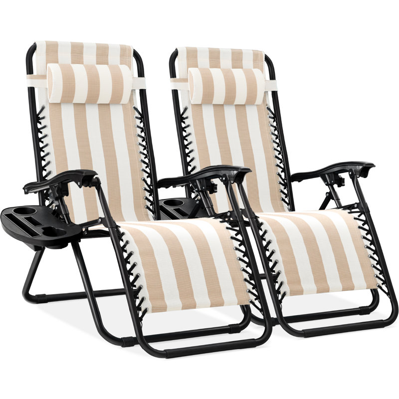 Nathen Zero Gravity Lounge Chair Recliners for Patio, Pool w/ Cup Holder Tray, Tan Striped