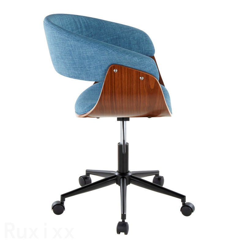 Black Metal, Walnut Wood & Blue Fabric Vintage Mod Mid-Century Modern Office Chair, Black, Blue