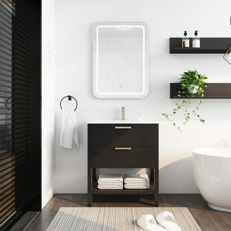 Meuble-lavabo de 30 po avec lavabo et 2 tiroirs à fermeture douce, poignée dorée pour un rangement élégant