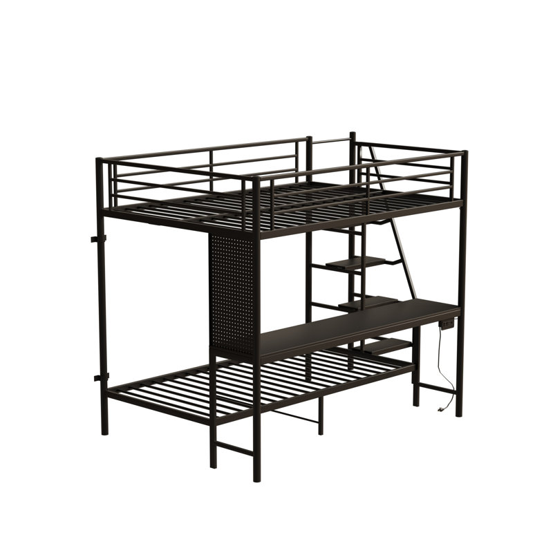 Full Size Loft Bunk Bed with Twin Top, LED Lighting and Charging Station, Black Metal