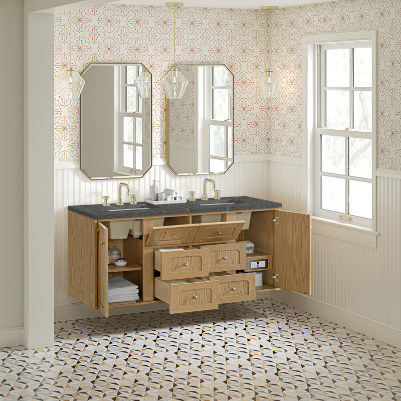 Laurent 60" Double Vanity, Light Natural Oak W/FreePower Wireless Charger, Parisien Bleu, Light Natural Oak
